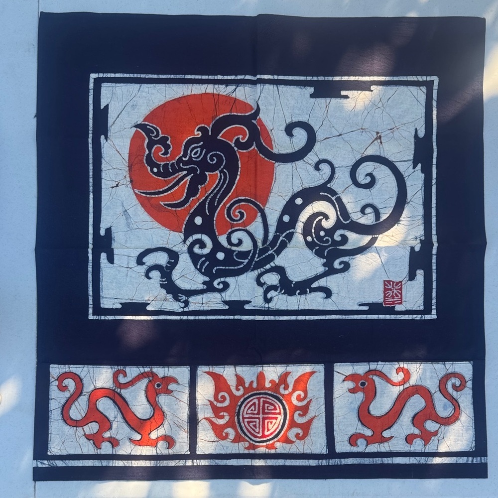 Chinese Dragon Batik Motif Wall Hangings in Black & Orange with Pockets, 24”